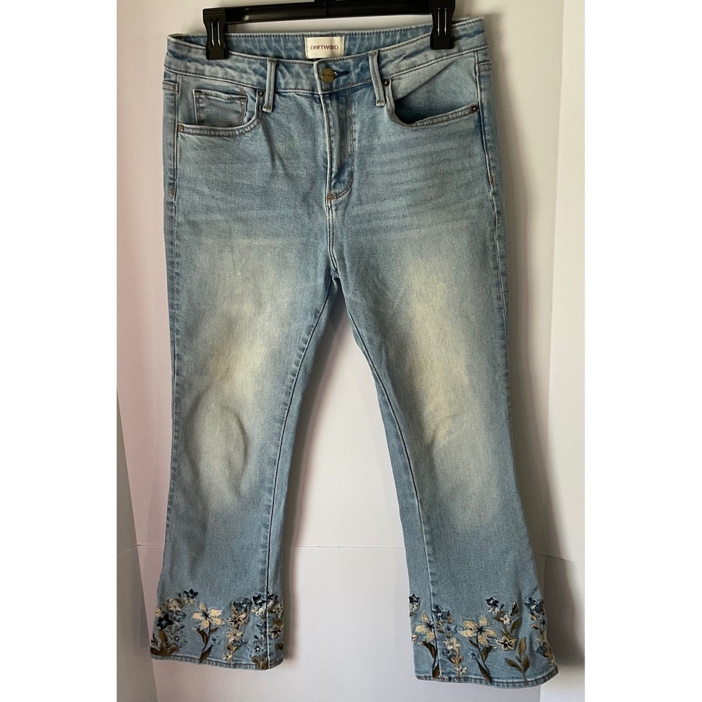 Driftwood Roxy Floral Embroidered Cropped Flare Jeans Light Wash Blue Size 28